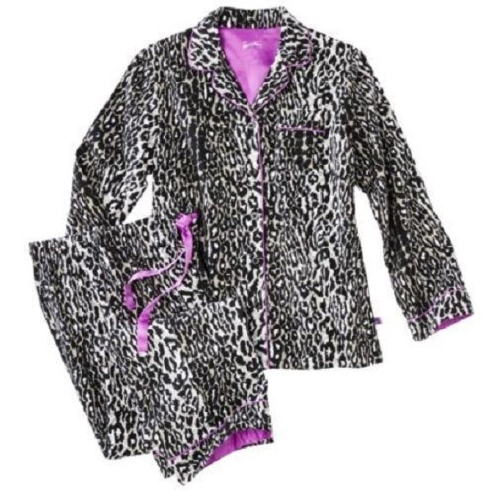 Nick & Nora Flannel Pajama Set Leopard Print Pink Trim L and XXL